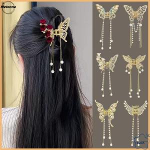 Follow Get More【Metonna】 Exquisite Rhinestone Butterfly Fringe Hair Claw Clips Korean New Ponytail Braid Hairpin Girl Crab Metal Headdress Gift
