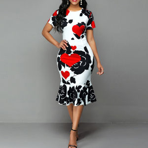 ISCG Formal Bodycon Dress Printed Ruffles Women O Neck Short Sleeve Dress for Wedding