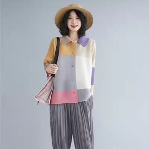 NOVA quality※ Miyake folds contrast color lapel cardigan women ❤early autumn new temperament design sense niche wrinkled long-sleeved commuter top