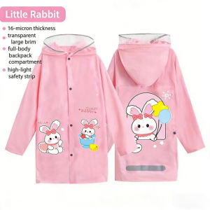 Kids Raincoat Poncho Waterproof PVC Thick Cartoon Hooded Backpack Cover Reflective Strip School Travel