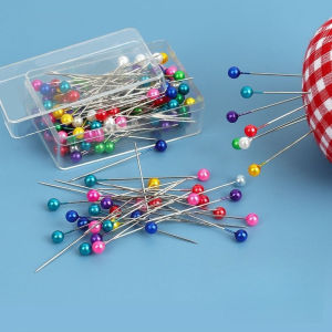 100Pcs/Box Colorful Pearl Long Needle Sewing Pins Alloy Muslim Scarf Needle Round Pearl Head Pin
