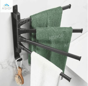 Matte Black Bathroom Swivel Towel Bar Space Saving Swinging Towel Rack Wall Mounted Towel Holder with Hooks [SG Seller]