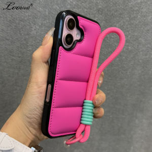 Fashion Down Jacket Wrist Strap Case for iPhone 15 16 Pro Max 14 Plus 11 12 13 With Lanyard Solid Color Soft Shockproof Cover