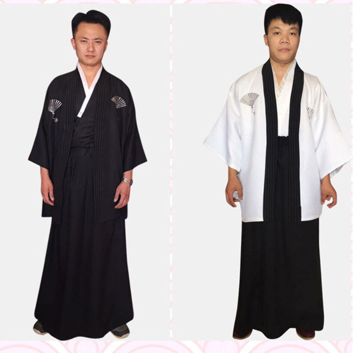 Black Classic Japanese Samurai Clothing Men's Warrior Kimono with Obi