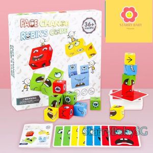 SG Seller| Wooden Expression Toy Wooden Magic Cube Face Pattern Building Blocks Educational Montessori Toys Matching Block Puzzle