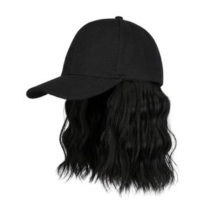 NBANLIKE Medium Long Baseball Cap Bob Hair Wig Fashion Sun Cap Black Baseball Hat Wig Punk Fluffy Short Curly Wave Hair Ladies