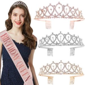 Birthday Sash Girl Princess Queen Sash & Crown Set Princess Ribbons Shoulder Birthday Party Glitter Party Decoration Supplies