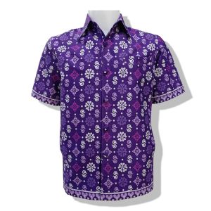 เสื้อซาฟารีชาย อัดกาวทั้งตัว ผ้าไทย พิมพ์ลาย ขอดอกรัก  กระเป๋าเอก 1 ใบ ล้วงข้าง 2 ใบ ใส่ทำงาน สีม่วง ใส่เป็นทีม พี่พิมพ์ ผ้าไทย