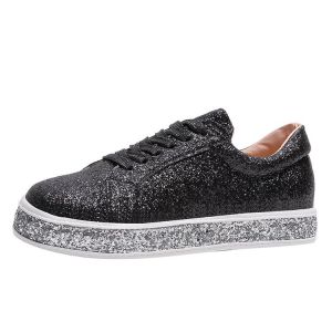 Free Shipping Plus-Size WomenS Shoes Featuring Rhinestone Embellishments A Silver Metallic Finish And A Lace-Up Design Are Casual Flat Shoes