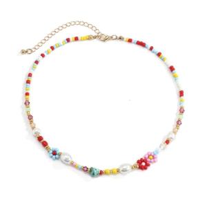 Colorful Flower Beaded Necklace Cute Choker Chain Fashion Imitation Pearl Short Clavicle Chain Birthday Gift
