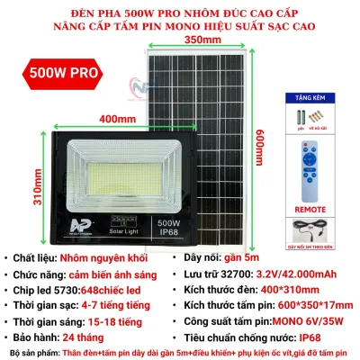 Đèn năng lượng mặt trờiĐèn Led năng lượng mặt trời chống lóa vỏ nhôm nguyên khối công xuất 100W 200W 300W có hiển thị phần trăm pin tấm pin dây dài 5M cảm biến ánh sáng điều khiển từ xa Chống Nước IP67