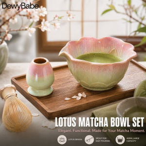 DewyBabe Ceramic Matcha Bowl Set With Spout Lotus Shape With Chasen Stand Japanese Style Tea Ceremony
