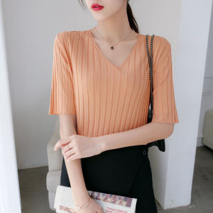 Womens basic plain V-neck short sleeve knitted ice silk blouse
