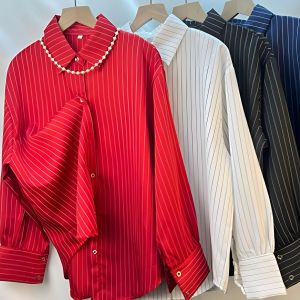 AB [ready stock] Women Shirt Stripe Shirt Women Blouse women New Korean Style  Chiffon Top Business Formal Shirt Women Office Wear Women baju perempuan kemeja perempuan Chiffon Shirt thick and solid opacitas Womens Long-Sleeved