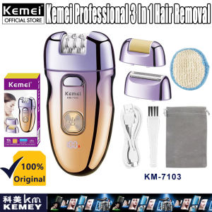 Kemei KM-7103 3 In 1 Electric Hair Epilator Face Cleaning Cordless Rechargeable Battery Epilator For Women Professional Hair Remover