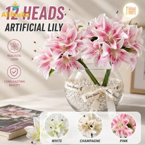 Allieuka Artificial Flowers Lily 12 Heads Simulation Lily Flowers Fake Plastic Bouquet for Wedding Home Decor