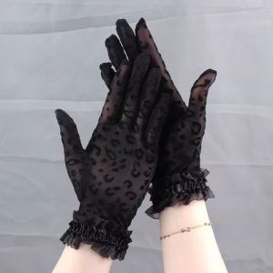 LIVELYN Breathable Womens Summer Gloves Sun Protection Leopard Print Party Gloves Fashion 5 Fingers Lace Gloves Spring Summer Outdoor