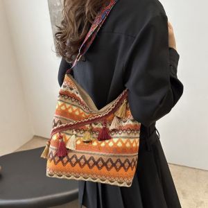 GBSDN Tua rua Túi đeo chéo phong cách dân tộc Sức chứa lớn Cổ điển Túi Tote Phong Cách Bohemian Tất cả phù hợp Hình Học Túi đeo vai tua rua Phụ nữ