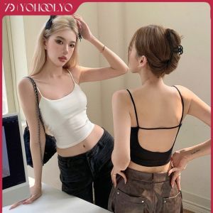 YOHOOLYO เสื้อสายเดี่ยวสำหรับผู้หญิงใส่ฤดูร้อนพร้อมแผ่นปิดหน้าอกเสื้อสายเดี่ยวด้านหลังสวยสำหรับผู้หญิงเข้ารูปพอดีสั้นเสื้อแขนกุด Cewek Seksi เสื้อแขนกุด