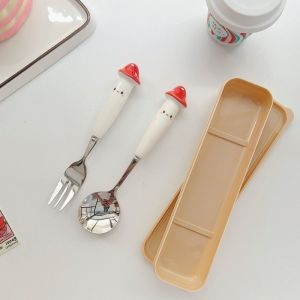 Sendok Garpu Makan Bentuk Pegangan Bebek Bahan Keramik / Sendok Garpu Makan Bahan Stainless