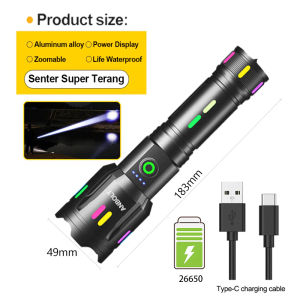Flashlight Waterproof USB Chargeable Lampu Picit Terang Jauh Lampu Suluh Led Terang Jarak Jauh Torch Light手电筒