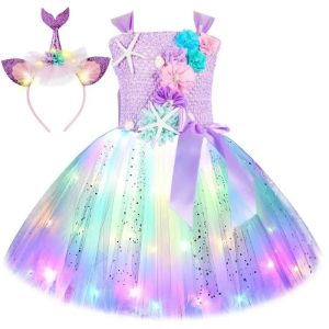 Girls LED Flashing Mermaid Performance Clothing Kids Birthday Beauty Outfit Fish-Tail Floral Mermaid Princess Tulle Dress2026