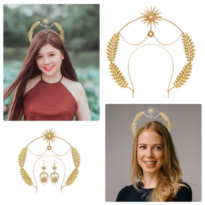 Sun Goddess Crown Headband for Women Vintage VirginMary Bohemia Hairband/Earrings Party Props Bridal Wedding Headpieces