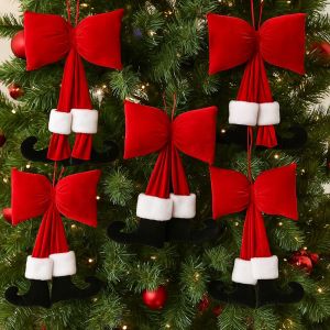YERZ with Feet Christmas Bowknot Pendant Red DIY Decorations Bow Hanging Ornaments Beautiful Pendant Reusable Velvet Bow Knot Christmas Tree