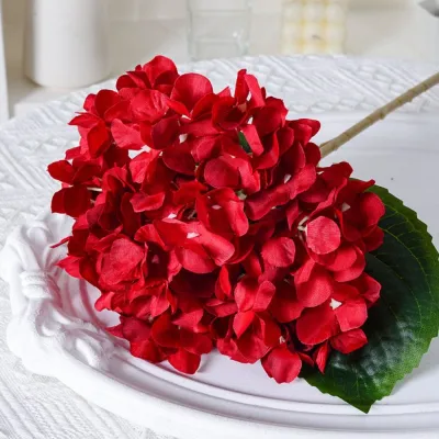 YIXINYIDE1999 สีฟ้าสีฟ้า ไฮเดรนเยียเทียมไฮเดรนเยีย สีสันสดใส เหมือนจริงจริง ดอกไม้ผ้าไหมปลอม พร้อมใบ 45ซม. ค่ะ ช่อดอกไม้ดอกไม้ประดิษฐ์