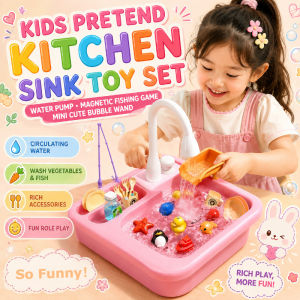 Kids Kitchen Sink Toy Set Play Water Pump Sink Magnetic Fishing Game Mini Toy Bubble Wand for Girls