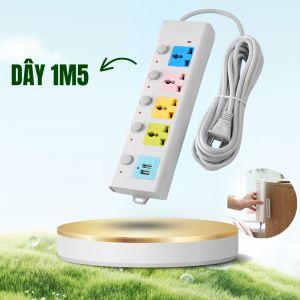 Ổ Cắm Điện Đa Năng Chống Giật Chịu Tải 2500W Dây Dài Ổ Cắm Điện Thông Minh Nhiều Jack cắm+2 cổng usb Vuadienmay