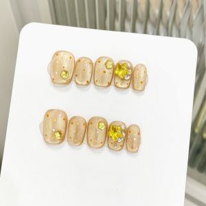 【HANDMADE+Free Glue】Short coffin Press on Nails Fruity Orange Orange Wave Sweet Girl Artificial Nail Phototherapy Fake Nail Patch Nails Reusable