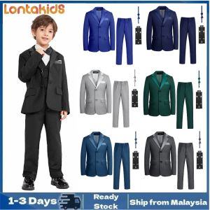 lontakids 5Pcs Kids Boys Black Navy Blue Tuxedo Set Classic Wedding Attire Ring Bearer Outfits (Jacket+Pants+Vest+Clip-on Suspenders+ Bow Tie) Childrens Formal Birthday Party Wear Toddler Blazer Suit for Prom and Piano Performance