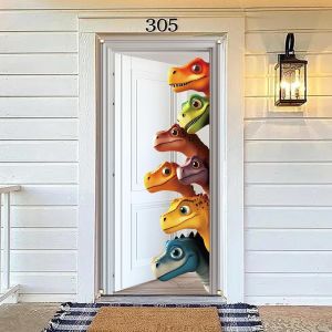 1 Pc Polyester Colorful Peep Dinosaur Pattern Door Cover Animal Theme Dinosaur Backdrop Banner Decoration for Indoor Outdoor Porch Home Decor Accessories