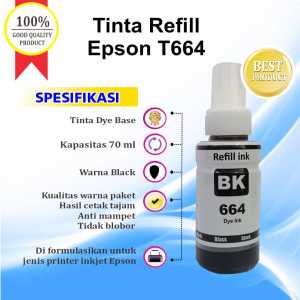 Tinta 664 T664 Refill Printer Epson Black Color L120 L350 L565 L555