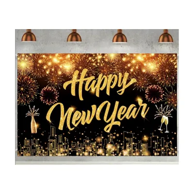 【Luminous Goods】 5x3ft Happy New Year Photography Background Cheers Black Gold New Year Backdrop New Year Celebration Atmosphere Decoration Banner