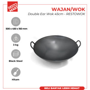 Wajan Baja Pre Seasoned / Kuali / Wajan Black Steel / Double Ear Wok 45 cm RESTOWOK Black Steel (2291083) (F12)
