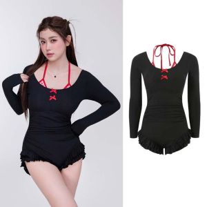 MQU19 Black Long Sleeve Ruffle Swimsuit Grid Hanging Neck Red Bow Ruffle Bathing Suit Casual Beachwear Clothing One Pieces Swimwear Women