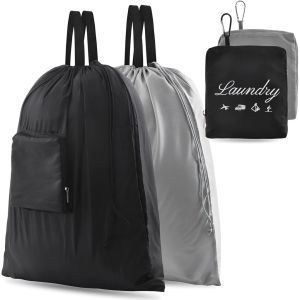 Dirty Laundry Bag with Handles Collapsible Polyester Dirty Clothes Organizer Storage Bags Washing Bags with Aluminum Carabiner for Travel Camp