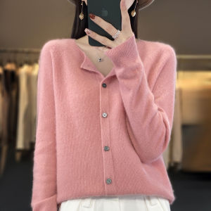 Fashion Women 100% Merino Wool Cardigans Autumn Winter O-neck Long Sleeve Knitwear Female Basic Clothing Tops2026