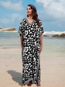 2026 European and American Style Rayon Vacation Beach Long Dress Loose Robe Bikini Swimsuit Cover-Up Sunscreen Shirt