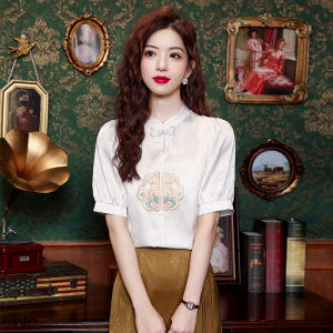 AMMIN เสื้อเบลาส์สไตล์วินเทจของผู้หญิงเสื้อผู้หญิงแจ็คการ์ดเสื้อแขนสั้นมีปกปักลายดอกไม้ด้วยตำแหน่งจีนใหม่ฤดูร้อน2024