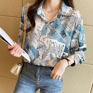 TianShun Boutique Top Female Shirt Casual Fashion Newspaper Print Yellow Blue Chiffon Shirt OL Work Long Sleeve Shirt