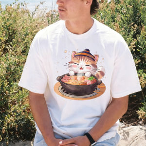 [Local Stock] VCC Kawaii Anime Cat Hot Pot Chinese Food Lovers T-shirt Short Sleeve O-neck Casual Fashion Loose Soft Summer Cotton Clothing