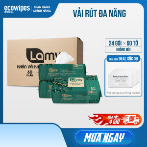 Thùng 24 gói khăn mặt khô đa năng Lamy 60 tờ dạng gói rút không mùi dùng lau mặt tẩy trang khăn lau cho bé