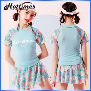 Swimming Outfit for Girls (7-15 Years) Conservative 2-Piece Terno Swimwear with Skirt & Short Sleeves Pink Swimsuit