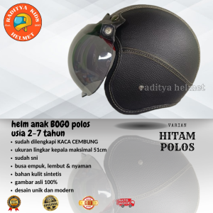 HELM ANAK BOGO RETRO POLOS USIA 2-7 TAHUN FULL KULIT FREE VISOR KACA CEMBUNG-pst polos