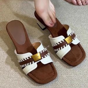 Women Square Toe Slide Sandals Genuine Leather Chunky Heel Multi Use K Style