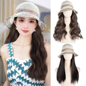 BAIXL Rainbow Woven Fisherman Hat Wig Synthetic Bucket Hat Summer Sunshade Cap Wig Fashion Breathable Long Straight Curly Hair Wigs Women