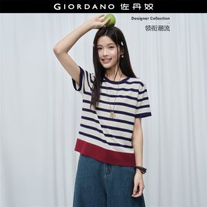 Giordano Women Contrast stripes crewneck short sleeve knitwear Free Shipping 18356810
